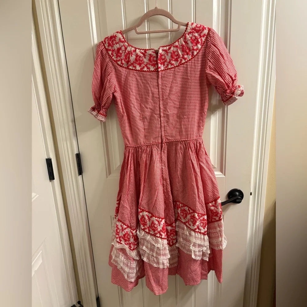 Vintage Nita Smith Red Gingham Embroidered Square Dance Dress Ruffles Lace S - Picture 8 of 10